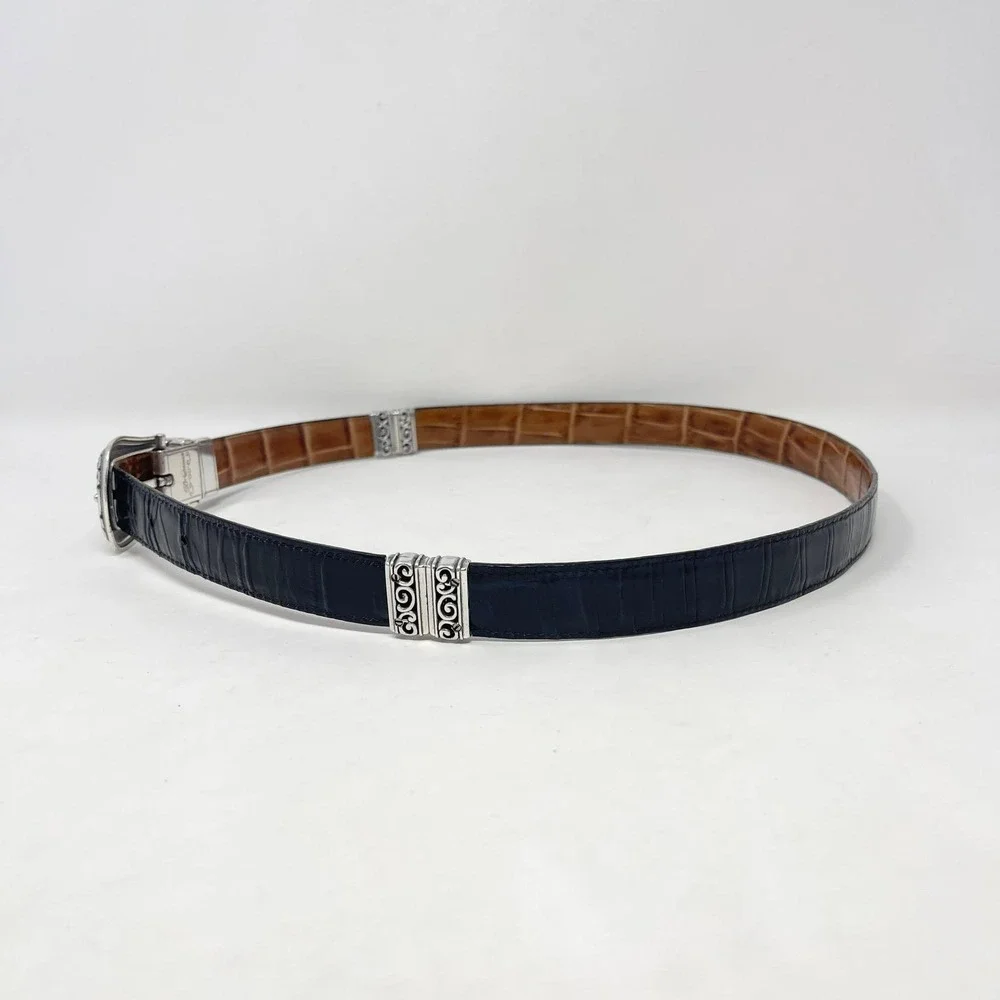 Brighton Reversible Leather Belt Wms 36 Navy Blue Brown Croc Embossed Silver